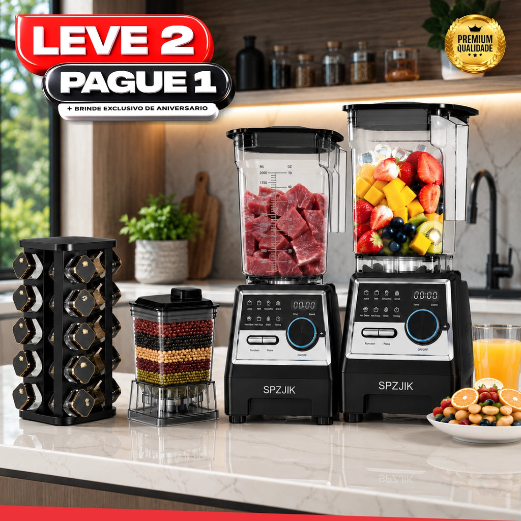 Liquidificador Multiuso MegaMix Com 2 Jarras de Vidro + BRINDE: Porta Tempero Giratório 20 Potes de Vidro  - LEVE 2 PAGUE 1
